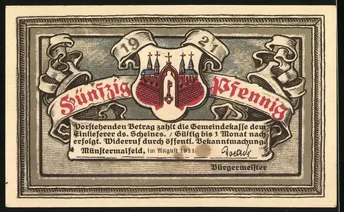 Notgeld Münstermaifeld 1921, 50 Pfennig, die Stadt im Jahre 50 v. Chr. als römisches Kastell