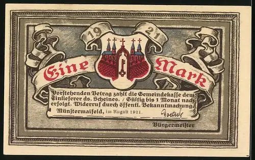 Notgeld Münstermaifeld 1921, 1 Mark, Stiftskirche