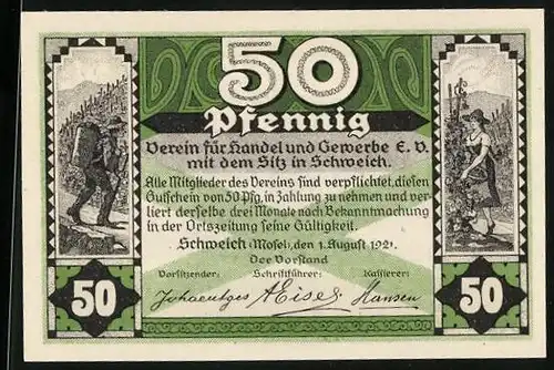 Notgeld Schweich /Mosel 1921, 50 Pfennig, Bauern bei der Weinlese