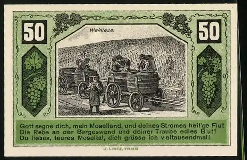 Notgeld Schweich /Mosel 1921, 50 Pfennig, Bauern bei der Weinlese