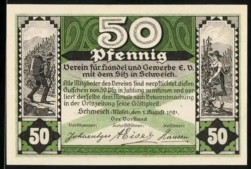 Notgeld Schweich /Mosel 1921, 50 Pfennig, Arbeiter bei der Weinlese