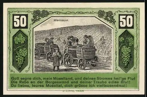 Notgeld Schweich /Mosel 1921, 50 Pfennig, Arbeiter bei der Weinlese