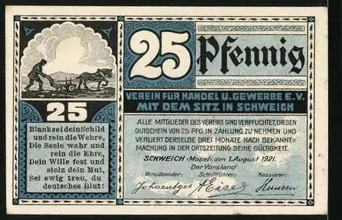 Notgeld Schweich /Mosel 1921, 25 Pfennig, Die Schweicher Fähre setzt über