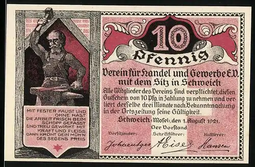 Notgeld Schweich /Mosel 1921, 10 Pfennig, der Schmied und das Hoch-Kreuz