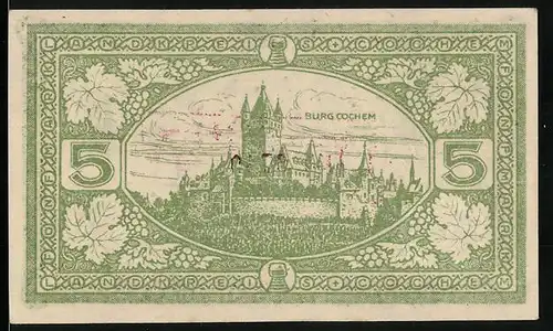 Notgeld Cochem 1918, 5 Mark, Ansicht der Burg