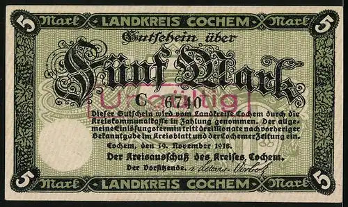 Notgeld Cochem 1918, 5 Mark, Ansicht der Burg