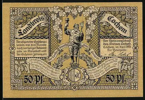 Notgeld Cochem 1921, 50 Pfennig, der Landsknecht von Cochem, Burg und Winneburg