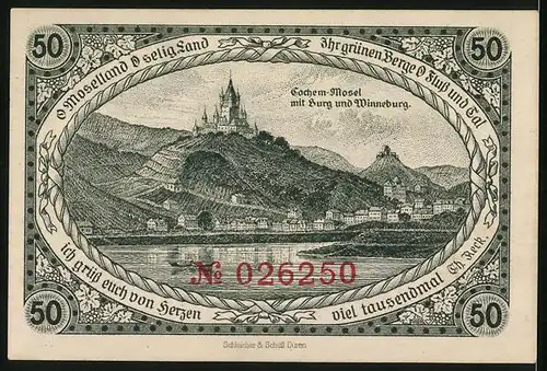 Notgeld Cochem 1921, 50 Pfennig, der Landsknecht von Cochem, Burg und Winneburg