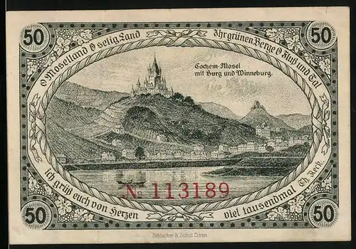 Notgeld Cochem 1921, 50 Pfennig, Burg, Winneburg, Landsknecht