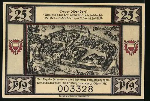 Notgeld Hess.-Oldendorf 1921, 25 Pfennig, Ansicht der Ortschaft im Jahr 1633, der Baxmann