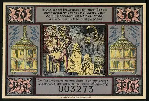 Notgeld Hess.-Oldendorf 1921, 50 Pfennig, die Stadtlaterne und der Magistrat, Baxmann-Legende