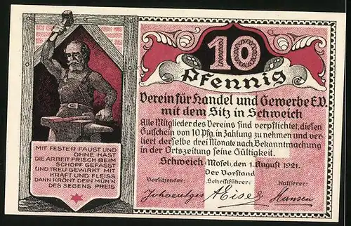 Notgeld Schweich /Mosel 1921, 10 Pfennig, Das Hoch-Kreuz, der Schmied