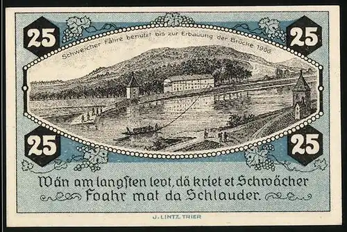 Notgeld Schweich /Mosel 1921, 25 Pfennig, Schweicher Fähre und Pferdepflug