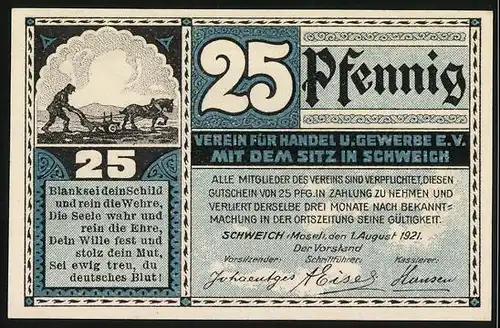 Notgeld Schweich /Mosel 1921, 25 Pfennig, Schweicher Fähre und Pferdepflug