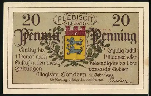 Notgeld Tondern 1920, 20 Pfennig, Wappen und Gast im weissen Schwan