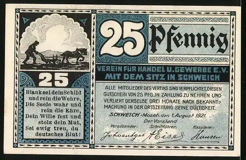 Notgeld Schweich /Mosel 1921, 25 Pfennig, Pferdepflug und Schweicher Fähre