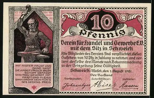 Notgeld Schweich /Mosel 1921, 10 Pfennig, Blick auf das Hoch-Kreuz, Schmied