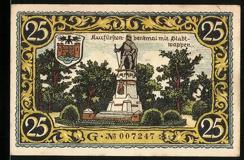 Notgeld Friesack 1921, 25 Pfennig, Kurfürst Friedrich I. von Brandenburg, Denkmal mit Stadtwappen