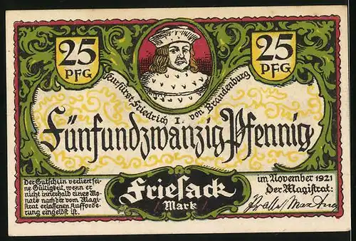 Notgeld Friesack 1921, 25 Pfennig, Kurfürst Friedrich I. von Brandenburg, Rheinpartie