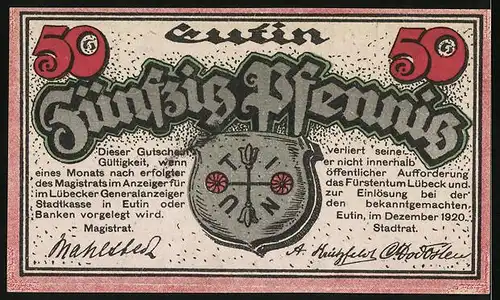 Notgeld Eutin 1920, 50 Pfennig, Blick aufs Schloss, Wappen