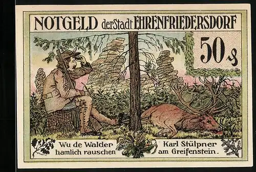 Notgeld Ehrenfriedersdorf 1921, 50 Pfennig, Jäger mit erlegtem Wild