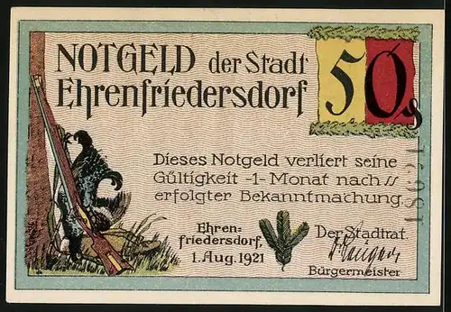 Notgeld Ehrenfriedersdorf 1921, 50 Pfennig, Jäger mit erlegtem Wild