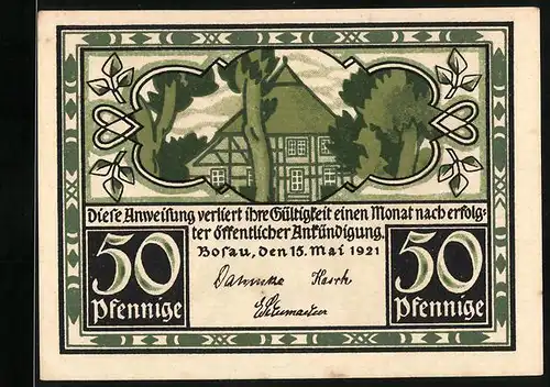 Notgeld Bosau 1921, 50 Pfennig, Fachwerkhaus, Kirche