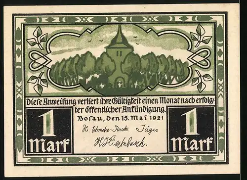 Notgeld Bosau 1921, 1 Mark, Frontal- und Seitenansicht der Kirche