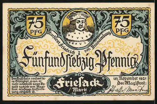Notgeld Friesack 1921, 75 Pfennig, Kurfürst Friedrich I. von Brandenburg, Burg Friesack zum 30-jährigen Krieg