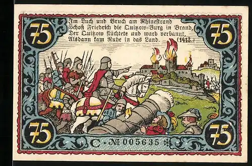 Notgeld Friesack 1921, 75 Pfennig, Kurfürst Friedrich I. von Brandenburg, Sturm auf die Quitzow-Burg