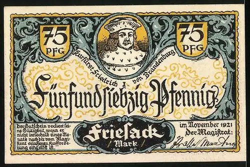 Notgeld Friesack 1921, 75 Pfennig, Kurfürst Friedrich I. von Brandenburg, Sturm auf die Quitzow-Burg