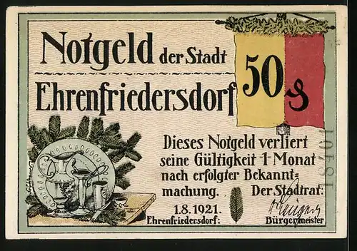 Notgeld Ehrenfriedersdorf 1921, 50 Pfennig, zwei Eber vor der Stadt