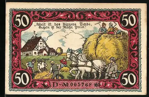 Notgeld Friesack 1921, 50 Pfennig, Kurfürst Friedrich I. von Brandenburg, Bauern bei der Arbeit