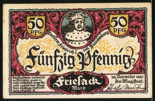 Notgeld Friesack 1921, 50 Pfennig, Kurfürst Friedrich I. von Brandenburg, Bauern bei der Arbeit