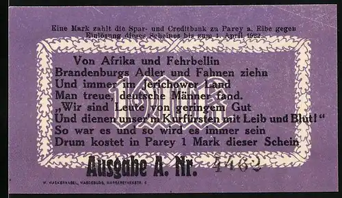 Notgeld Parey a. d. Elbe 1921, 1 Mark, Adliger mit Hut und Perücke