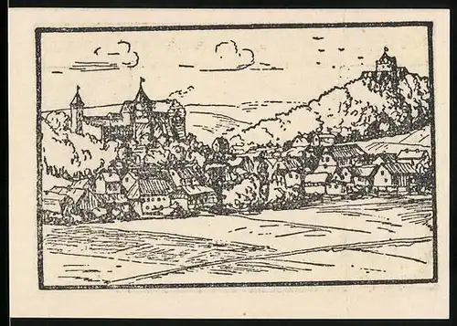 Notgeld Kranichfeld 1921, 25 Pfennig, Wappen mit Kranich, Ortsansicht