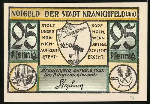 Notgeld Kranichfeld 1921, 25 Pfennig, Wappen mit Kranich, Ortsansicht