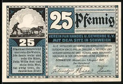 Notgeld Schweich /Mosel 1921, 25 Pfennig, Pferdepflug, Schweicher Fähre