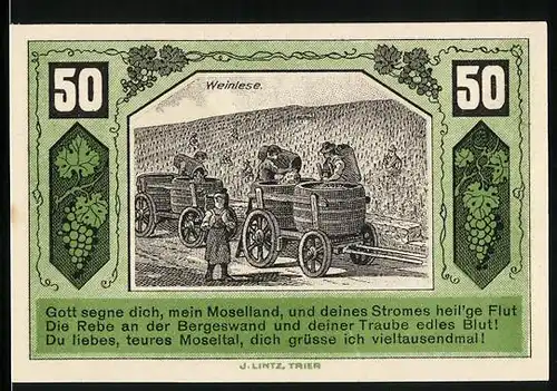 Notgeld Schweich /Mosel 1921, 50 Pfennig, Bauer und Bäuerin, Weinlese