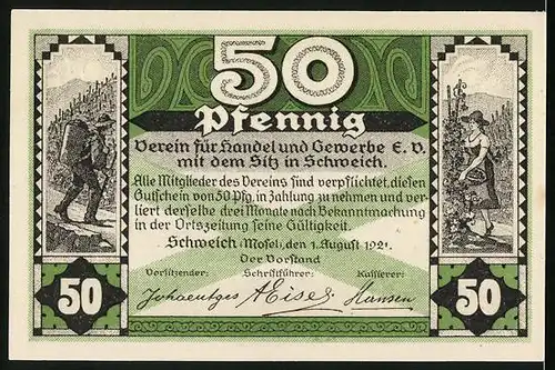 Notgeld Schweich /Mosel 1921, 50 Pfennig, Bauer und Bäuerin, Weinlese