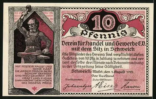 Notgeld Schweich /Mosel 1921, 10 Pfennig, Schmied, Hoch-Kreuz