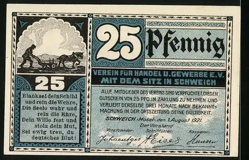 Notgeld Schweich /Mosel 1921, 25 Pfennig, Schweicher Fähre, Pferdepflug