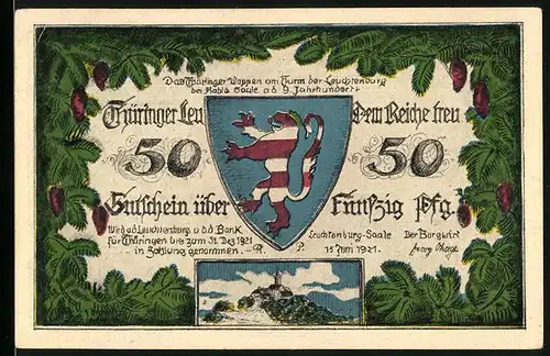 Notgeld Leuchtenburg-Saale 1921, 50 Pfennig, Thüringer Wappen und Schwarzburg