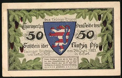 Notgeld Erfurt 1921, 50 Pfennig, Thüringer Wappen, zwei Frauen in Tracht