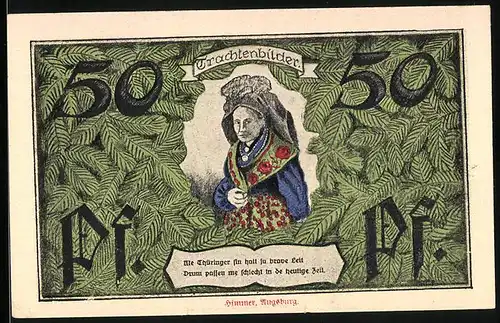 Notgeld Erfurt 1921, 50 Pfennig, Thüringer Wappen und ältere Dame in Tracht