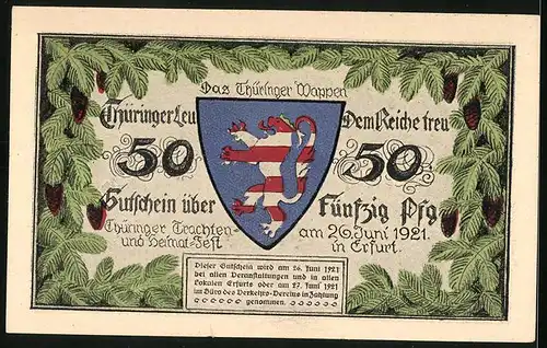 Notgeld Erfurt 1921, 50 Pfennig, Thüringer Wappen und ältere Dame in Tracht