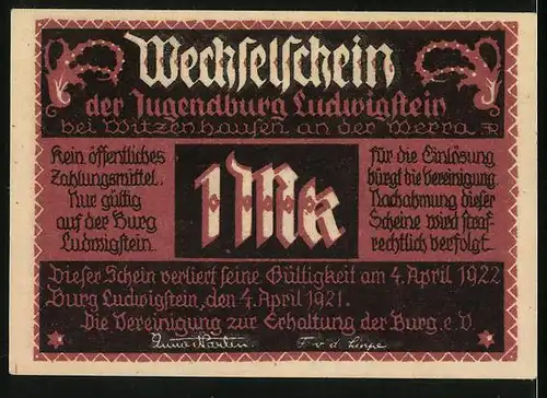 Notgeld Burg Ludwigstein 1921, 1 Mark, der Ludwigstein