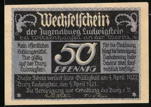 Notgeld Burg Ludwigstein 1921, 50 Pfennig, Gedicht Sei zu geben gern bereit..