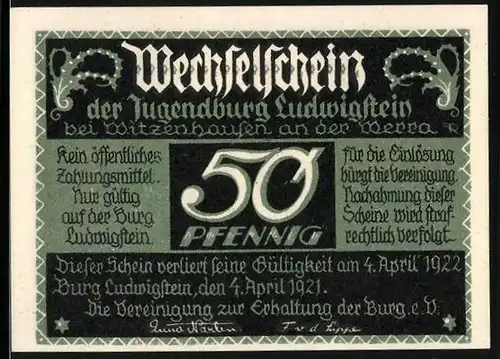 Notgeld Burg Ludwigstein 1921, 50 Pfennig, Die Jugendburg