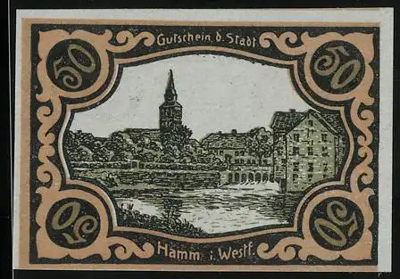 Notgeld Hamm i. Westf. 1920, 50 Pfennig, Ortsansicht am Fluss